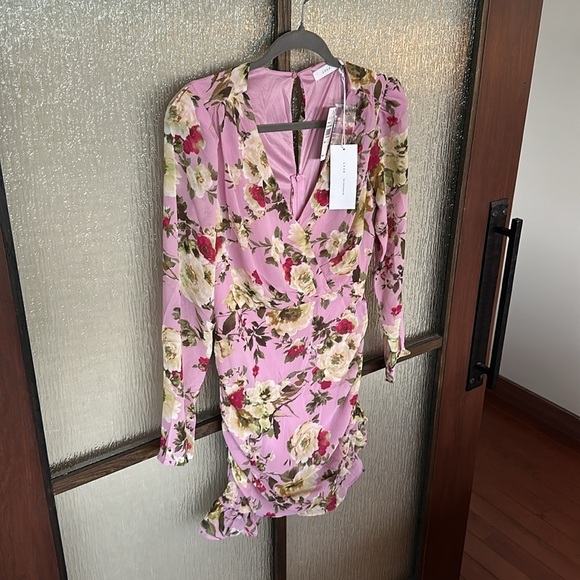 LUSH Mauve Floral Ruffle Hem Rouched Surplice Bodice Long Sleeve Mini Dress Sm - Picture 3 of 9